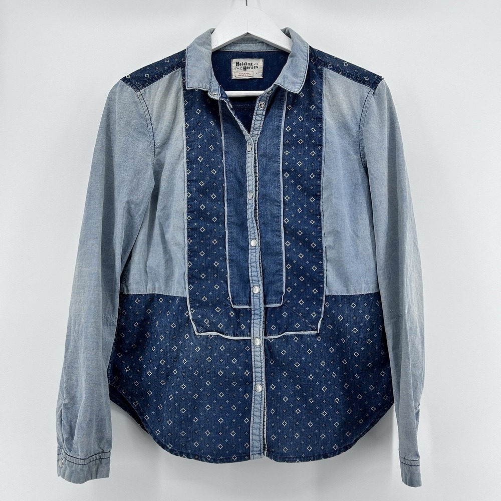 Patchwork Denim Western Shirt Womens 4 Indie Boho Snap Top Holding Horses Anthro